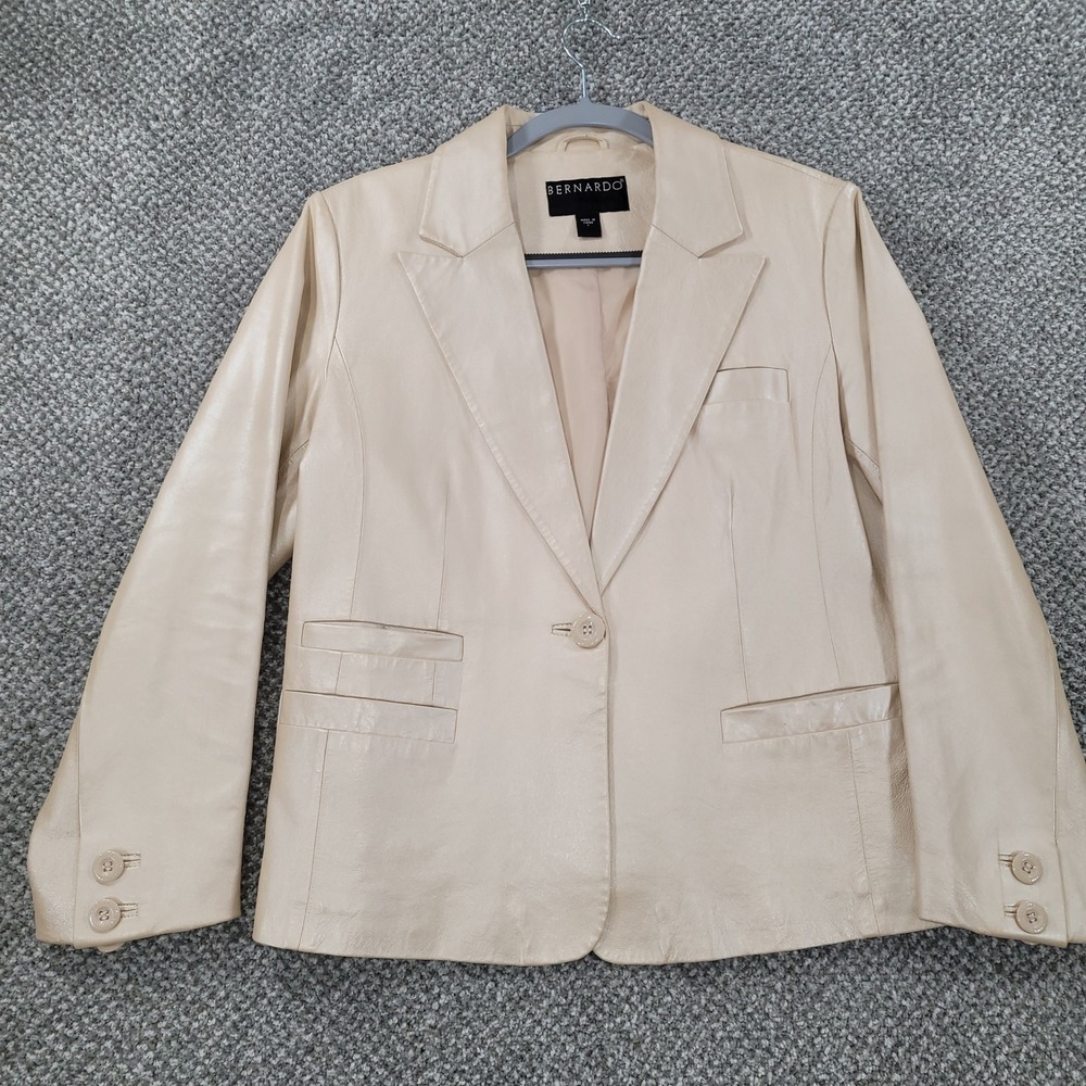 Bernardo Womens Leather Blazer Jacket Beige Cream Metallic Pearl Size L F0458
